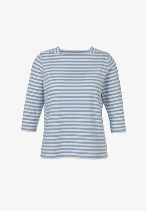 Light blue and white horizontal striped shirt with three-quarter sleeves and a square neckline.