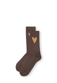 Calze a coste marroni con un motivo a cuore marrone chiaro sul lato esterno. Realizzate in materiale morbido e flessibile.