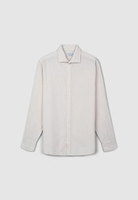 Chemise à manches longues avec boutons, couleur crème clair. Fabriquée en tissu texturé avec un col classique et un ourlet droit. Comporte six boutons.