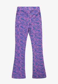 Pof-pantalons in paars met een contrasterend roze zebra-printpatroon. Zacht stof met een gladde textuur en een elastische tailleband.