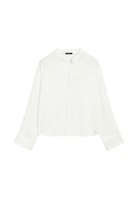 Hvid, langærmet skjorte med mandarinkrave, knaplukning foran og glat tekstur. Har en afslappet pasform og diskrete sømdetaljer.