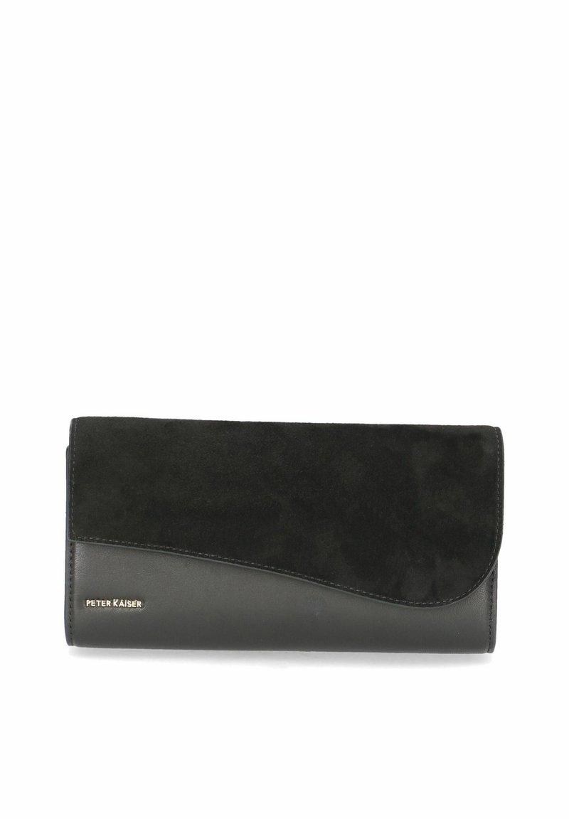 Cartera negra con una sección superior de ante, base de cuero elegante, diseño curvo y un detalle metálico de la marca en la parte frontal.