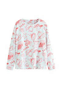 Hosszú ujjú világoskék felső, piros illusztrációkkal csillagokról, gombákról, croissantokról, csészékről, levelekről és a "SEASON" és "COSY" szavakról.