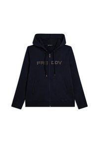Felpa con zip di colore blu navy, con tasche frontali, cappuccio con cordino e la scritta "FREDDY" in lettere borchiate sul petto.