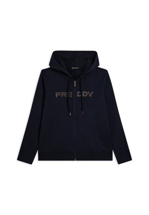 Sudadera con cremallera de color azul marino, con bolsillos delanteros, capucha con cuerda y "FREDDY" en letras con tachuelas en el pecho.