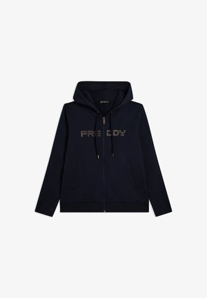 Sudadera con cremallera de color azul marino, con bolsillos delanteros, capucha con cuerda y "FREDDY" en letras con tachuelas en el pecho.