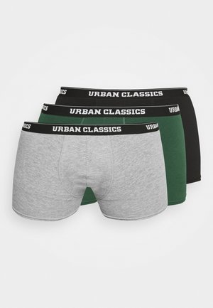 Set moške spodnjice, ki vključuje tri pare: sivo, temno zeleno in črno. Vsak par ima elastičen pas s tiskom "URBAN CLASSICS".