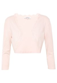 Ljusrosa kort cardigan med vågiga kanter, långa ärmar och en strukturerad stickad design. Etiketten säger "MORGAN."