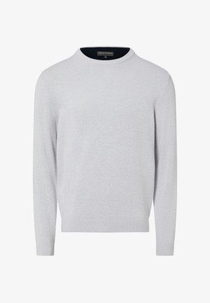 Pull gris clair à col ras du cou en tissu doux. Manches longues et poignets côtelés. Design minimaliste sans motifs ni logos visibles.