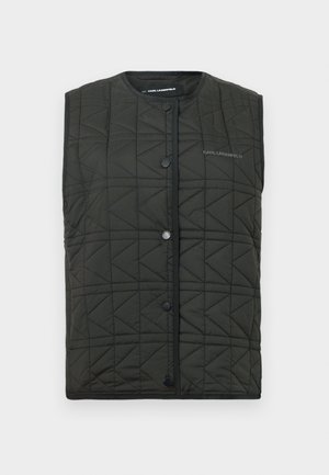 Gilet trapuntato verde scuro, con scollo rotondo, bottoni a pressione e un logo discreto sul petto. Leggero, con motivo geometrico.
