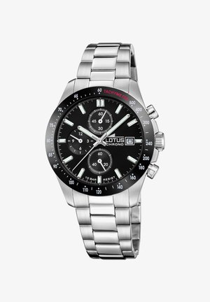 Orologio cronografo in acciaio inossidabile con quadrante nero, indici delle ore argentati, tre sotto-quadranti e lunetta tachimetrica. Caratterizzato da un cinturino in metallo.