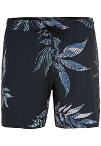 Bañador negro con un vibrante patrón de hojas en azul y verde claro, con cintura elástica y cordón ajustable.