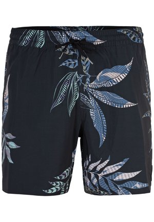 Bañador negro con un vibrante patrón de hojas en azul y verde claro, con cintura elástica y cordón ajustable.