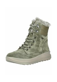 Zelené semišové kotníkové boty s límcem z umělé kožešiny, kovovými oky a kulatou špičkou. Mají robustní gumovou podešev a šněrovací design.