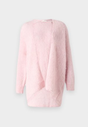 Light pink knitted cardigan, open front, long sleeves, soft texture, draped design with a relaxed fit. No fasteners or embellishments.