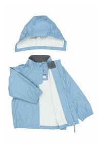Veste de pluie pour enfants bleu clair avec capuche détachable, poignets élastiques, doublure intérieure blanche et fermeture éclair à l'avant avec boutons-pression, étalée à plat.