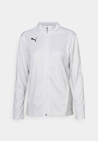 White athletic jacket made of smooth fabric, featuring a high collar, long sleeves, front zipper, and a small black Puma logo on the chest.