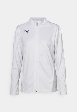 Weiße sportliche Jacke aus glattem Stoff, mit hohem Kragen, langen Ärmeln, Frontreißverschluss und kleinem schwarzem Puma-Logo auf der Brust.