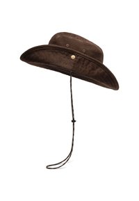 Barna bordás széles karimájú kalap állítható állszíjjal és arany gomb díszítéssel. Jellemzi a struktúrált felület és a laza kialakítás.