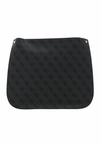 Sac à main noir avec une finition texturée, arborant un motif de logo répétitif. Bords arrondis et fermeture éclair sur le dessus. Accent en métal inclus.