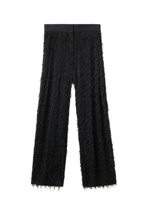 Zwarte broek met wijde pijpen van gestructureerde, gefranjerde stof en een gladde, elastische tailleband.