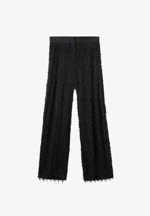 Black wide-leg pants with textured, fringed fabric and a smooth, elastic waistband.