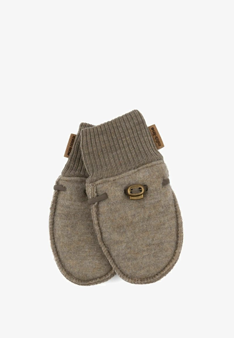 Braune Wollhandschuhe mit gerippten Bündchen, die über einen dekorativen Knopf und eine Schlaufe verfügen. Weicher Stoff mit einem genähten Rand.