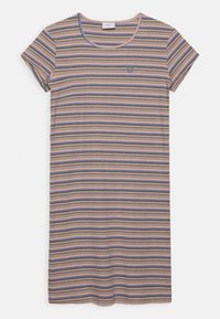 Sukienka t-shirt w paski z miękkiej tkaniny, z poziomymi liniami w kolorach różowym, niebieskim i kremowym, okrągłym dekoltem i krótkimi rękawami.