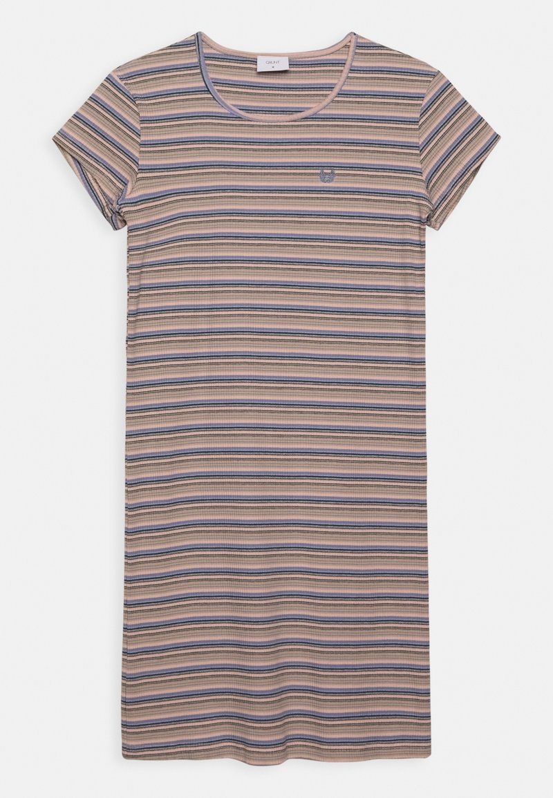 Sukienka t-shirt w paski z miękkiej tkaniny, z poziomymi liniami w kolorach różowym, niebieskim i kremowym, okrągłym dekoltem i krótkimi rękawami.