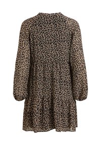 Robe mini noire à manches longues avec imprimé floral beige et blanc dispersé, taille froncée et jupe légèrement évasée.