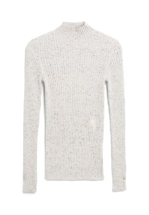 Helles graues, geripptes Sweatshirt mit Mock-Neck, langen Ärmeln und subtiler gesprenkelter Textur. Mit kleinem Logo-Detail in der Nähe des Saums.