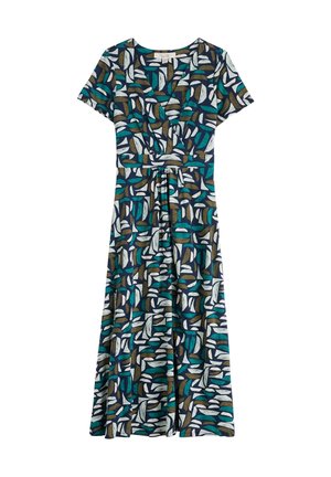 Robe maxi à manches courtes imprimée, avec un design croisé, ornée de motifs en teal, blanc et brun sur un fond bleu foncé.