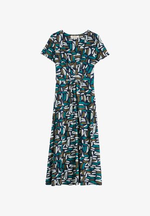 Rövid ujjú, mintás maxiruha, amely különleges köntös stílusú. A sötétkék háttéren teal, fehér és barna formák mintázatával készült.