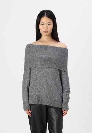 Gray off-the-shoulder sweater in soft knit with ribbed cuffs and hem. Long sleeves and a relaxed fit for comfort.