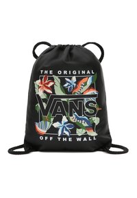 Zaino con cordino nero caratterizzato da un design floreale colorato con foglie, fiori blu e un logo prominente "VANS OFF THE WALL".