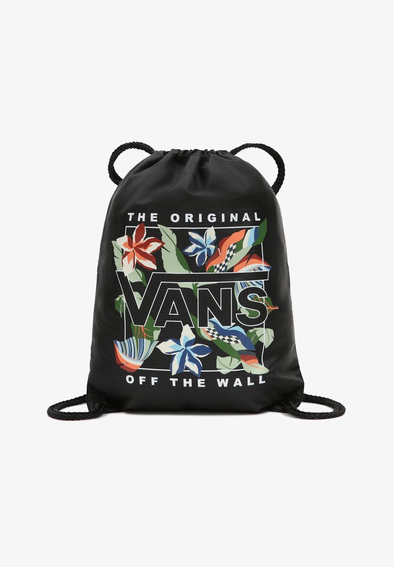 Zaino con cordino nero caratterizzato da un design floreale colorato con foglie, fiori blu e un logo prominente "VANS OFF THE WALL".