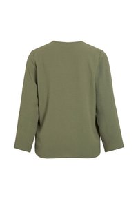 Μακρυμάνικο πουκάμισο σε ελιά πράσινο χρώμα με στρογγυλή λαιμόκοψη, υφασμάτινη υφή και άνετη εφαρμογή. Απλός σχεδιασμός, χωρίς ορατά υλικά ή διακοσμητικά.