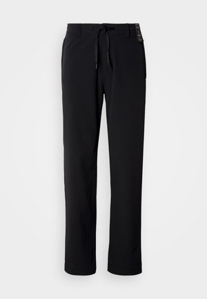 Schwarze, leichte Hose mit geradem Bein. Verfügt über einen Tunnelzugbund und eine glatte Textur. Geeignet für legere Kleidung.