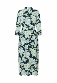 Blumen-Midi-Kleid mit navy Hintergrund, einem hellblauen und grünen Blumenmuster, langen Ärmeln, einem Kragen und einer taillierten Taille.