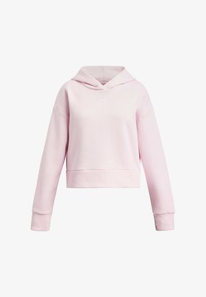 Helle rosa, kurz geschnittene Kapuzenjacke mit langen Ärmeln, gerippten Bündchen und Saum sowie einem kleinen weißen Logo in der Mitte der Brust.