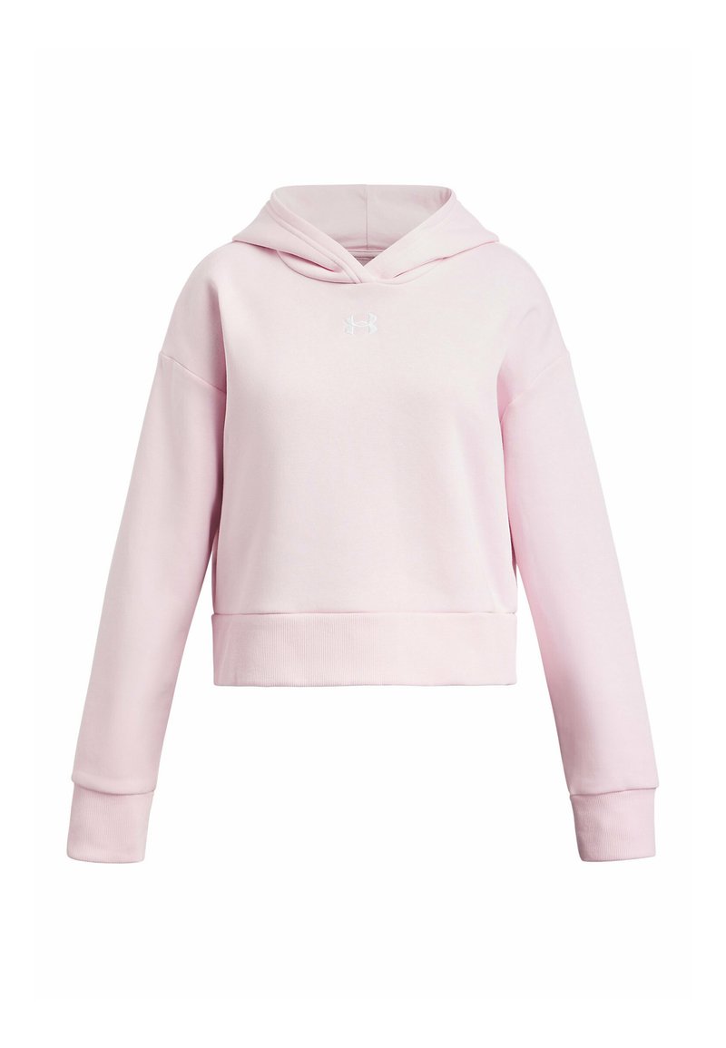 Helle rosa, kurz geschnittene Kapuzenjacke mit langen Ärmeln, gerippten Bündchen und Saum sowie einem kleinen weißen Logo in der Mitte der Brust.