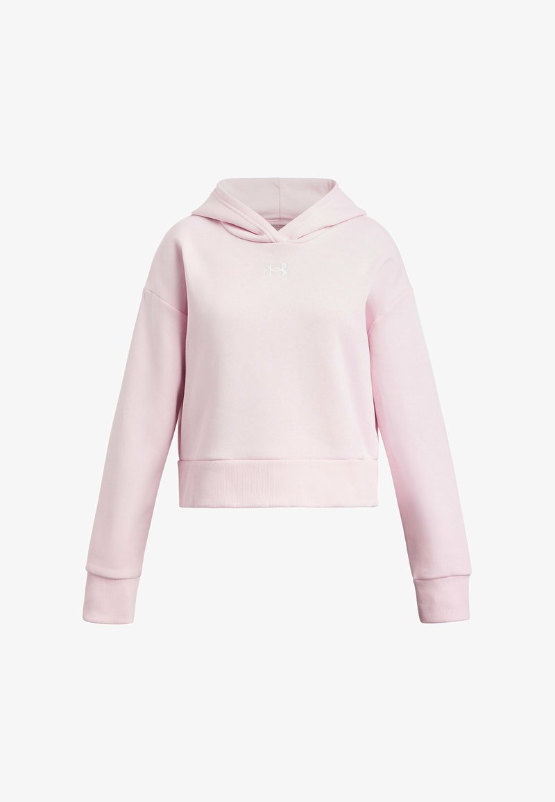 Helle rosa, kurz geschnittene Kapuzenjacke mit langen Ärmeln, gerippten Bündchen und Saum sowie einem kleinen weißen Logo in der Mitte der Brust.