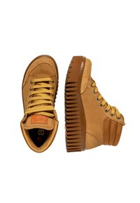 Brown high-top sneakers with leather and textile upper, beige laces, ribbed sole, and padded collar. Branded tag on the tongue.
