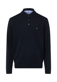 Donker marineblauwe lange mouw polo trui met drie knopen en een klein licht boomlogo op de linkerborst, geribde manchetten en zoom.