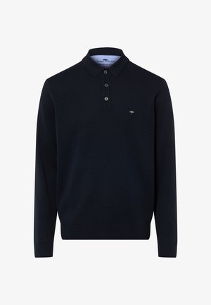 Dunkel marineblauer Langarm-Polopullover mit drei Knöpfen und kleinem, hellem Baum-Logo auf der linken Brust, mit gerippten Bündchen und Saum.