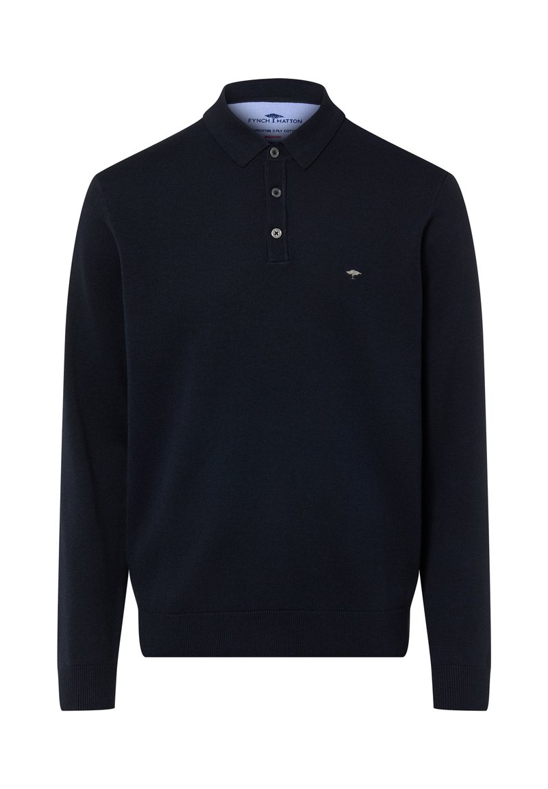 Donker marineblauwe lange mouw polo trui met drie knopen en een klein licht boomlogo op de linkerborst, geribde manchetten en zoom.