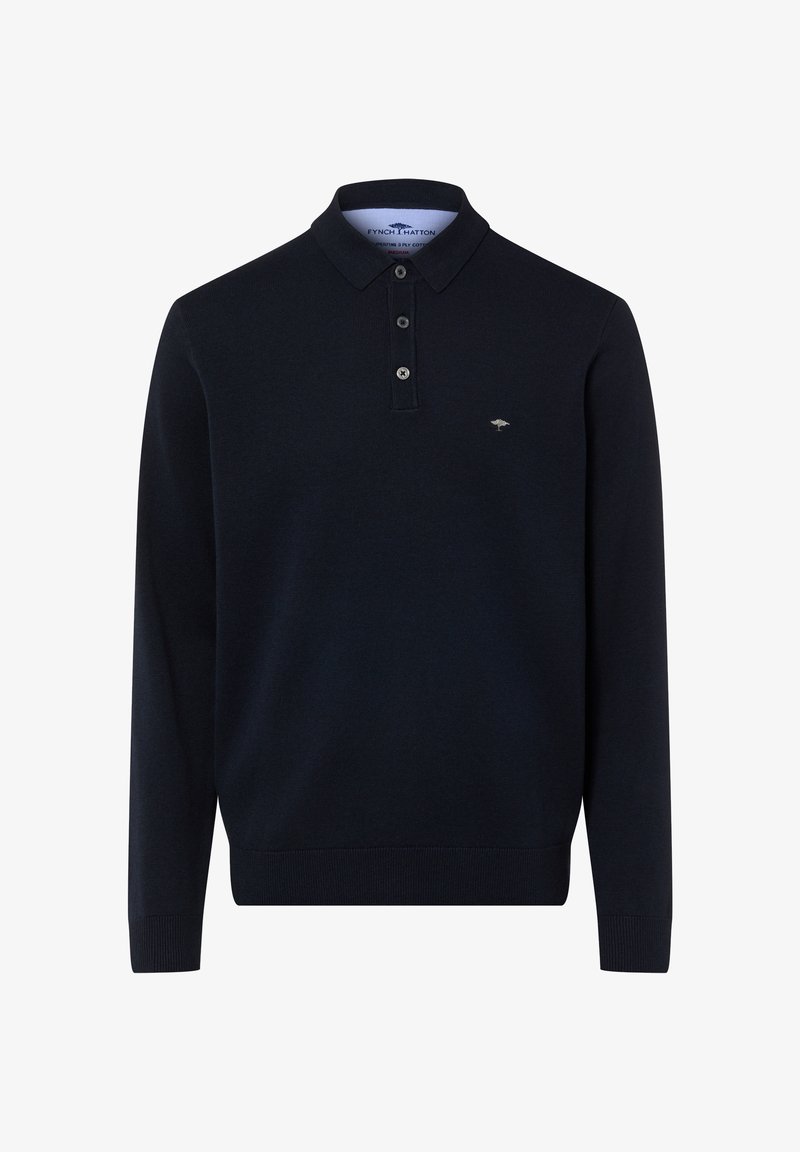 Donker marineblauwe lange mouw polo trui met drie knopen en een klein licht boomlogo op de linkerborst, geribde manchetten en zoom.