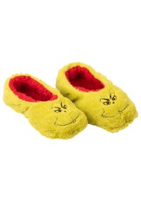 Pantofole gialle in peluche con una morbida texture pelosa, caratterizzate da una fodera rossa e una faccia del Grinch ricamata sulla parte anteriore. Design con chiusura sul retro.