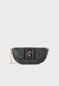 Black crossbody bag with gold hardware, featuring a textured finish, logo accents, and chain strap. Rounded shape with flap closure.