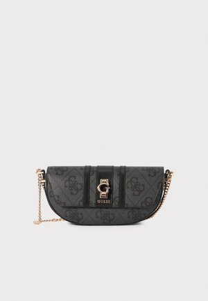 Black crossbody bag with gold hardware, featuring a textured finish, logo accents, and chain strap. Rounded shape with flap closure.